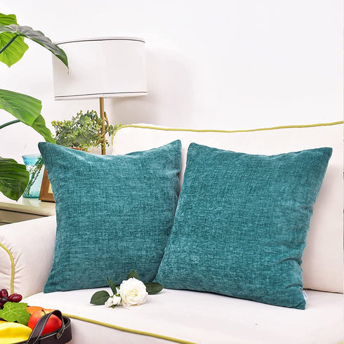 CaliTime Pack of 2 Cozy Throw Pillow Covers Cases for Couch Sofa Home Decoration Solid Dyed Soft Chenille 20 X 20 Inches Teal