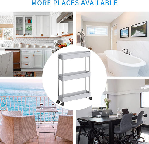 SPACEKEEPER Storage Cart Slim 3 Tier Mobile Shelving Unit Organizer Slide Out Storage Rolling Utility Cart Tower Rack for Kitchen Bathroom Laundry Narrow Places, Plastic & Stainless Steel, Gray