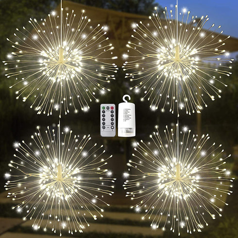 4 Pack 120 LED Firework Copper Wire Hanging Starburst Fairy Lights 8 Modes Remote Waterproof for Christmas Home Party Wedding Garden Xmas Patio Bedroom D©cor Indoor Outdoor Decorations (Warm White)