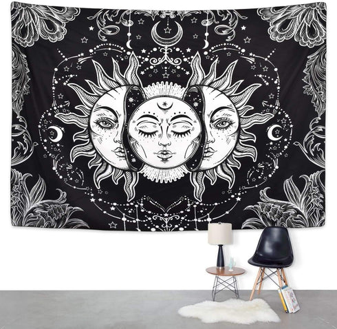 Likiyol Sun and Moon Tapestry Burning Sun with Star Tapestry Psychedelic Tapestry Black and White Mystic Tapestry Wall Hanging