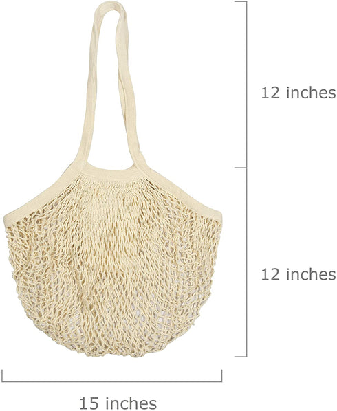 Organic Cotton Mesh Tote Bags Reusable Mesh Grocery Bags - Reusable Shopping Bags for Groceries - French Market Bag - Fish Net Farmers Market Bag - Mesh Produce, Vegetable & Grocery Bags (3 Bags)