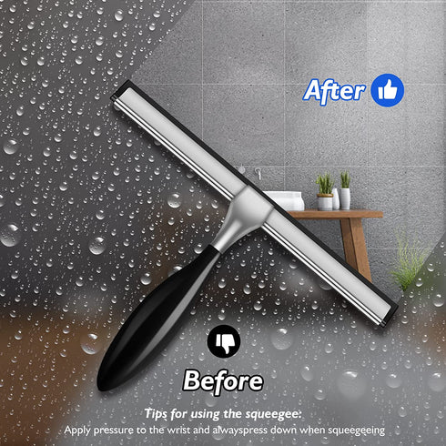 Shower Squeegee Set(12-Inch),Squeegee for Shower Glass Door,Stainless Steel Window Squeegee with Shower Door Hook and Adhesive Hook,for Glass Doors, Mirror,Bathroom, Window-Black