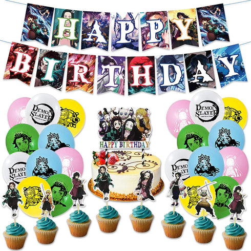Demon Slayer Birthday Party Supplies 46PCS Japanese Anime Theme Decorations for Boys Dorm 20pcs Balloons, 1pc Happy Birthday Banner, 24pcs Cupcake Toppers, 1pc Huge Manga Cake Toppers for Fans