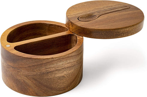 DecoVibe Acacia Salt Box Divided with Magnetic Swivel - 2-Compartment Wooden Spice Cellar - Elegant Wood Storage Keeper for Condiments, Seasoning, Pepper - Attached Spoon on Lid Cover - 3.9x3.9x2.5"