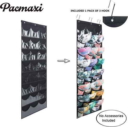 Baseball Hat Rack for Door/Wall, Hanging Over The Door Cap Collection Storage Organizer with 24 Clear Pockets to Protect Hat, Display Your Baseball Caps, Complete with Over Door Hooks (black1)