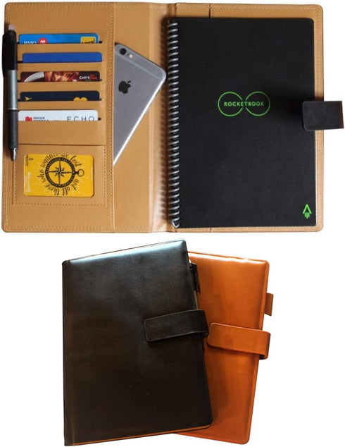 Thegreen Hard leather Cover For The Rocketbook Everlast Executive Size,black/dark brown, Leather Fabric, Pen Loop Holder/Phone Pocket/ fits A5,Magnet Strap 15,5x23cm, 6,1''x 9'' (black