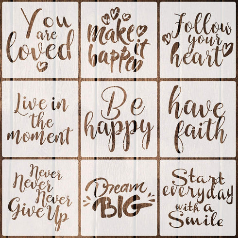 9 Pieces Word Stencils Inspirational Quote Stencils Resuable Plastic Motivational Templates for Word Art Works, Home Decor & DIY Projects