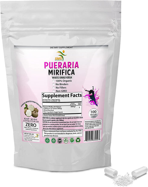 100 Caps White Pueraria Mirifica Powder Pure Root 100% 10:1 Breast Augmentation 2000mg Daily From Thailand