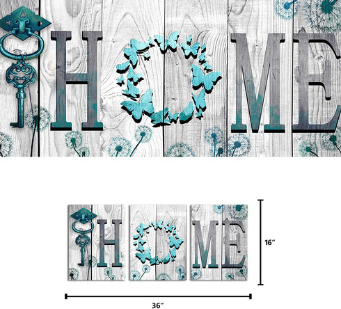 Welmeco Rustic Teal Blue Home Canvas Wall Art Home Sweet Home Butterfly with Dandelion Flowers Picture Prints Framed Artwork for Living Room Bedroom Kitchen Decoration