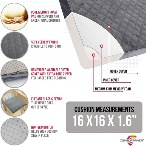 COMFORTANZA Chair Seat Cushion - 16x16x1.6 Memory Foam Square Thin Non-Slip Pads for Kitchen, Dining, Office Chairs and Car Seats - Comfort and Back Pain Relief - Medium Firm - Gray