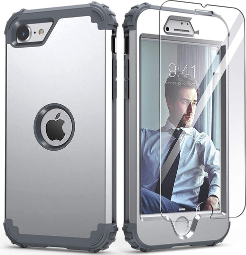 iPhone SE 3nd Generation Case with Screen Protector 2022, iPhone SE 2020 Case,IDweel 3 in 1 Shock Absorption Slim Heavy Duty Hard PC Cover Soft Silicone Bumper Full Body Durable Case,Silver