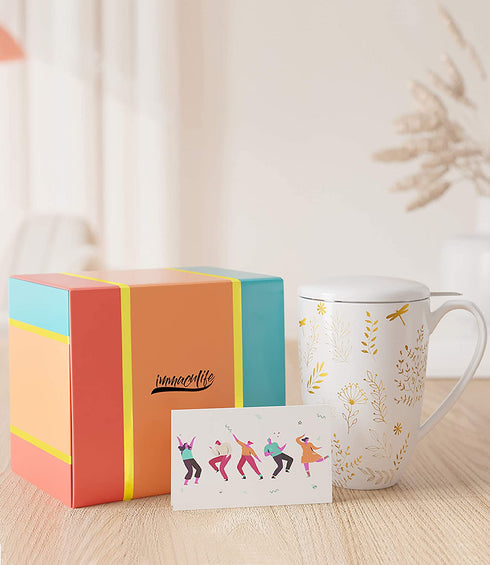 immaculife Tea Cup with Infuser and Lid Tea Mug with Lid - Teaware with Filter 16oz Halloween/Birthday Gift, Platinum Print