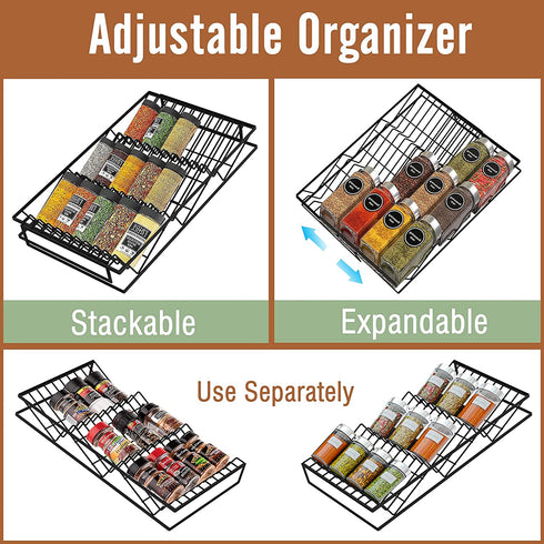 Housolution Spice Drawer Organizer, 2 Pack Expandable Metal Spice Rack Seasoning Organizer for Drawer, 3 Tier Slanted Spice Tray Storage Shelf for Kitchen, Black