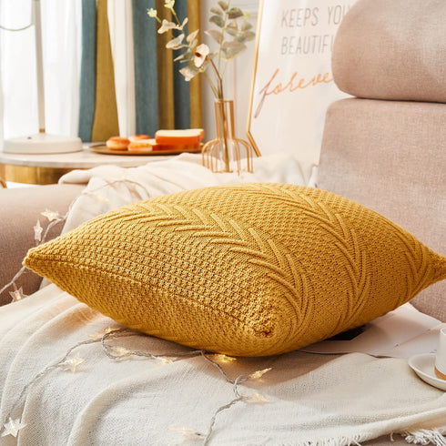 LiBcmlian Yellow Throw Pillow Covers 18x18 Set of 2 Cotton Pillow Cushion Cases Cable Knit Decoration Square Pillowcases for Couch Sofa Bedroom Living Room Car