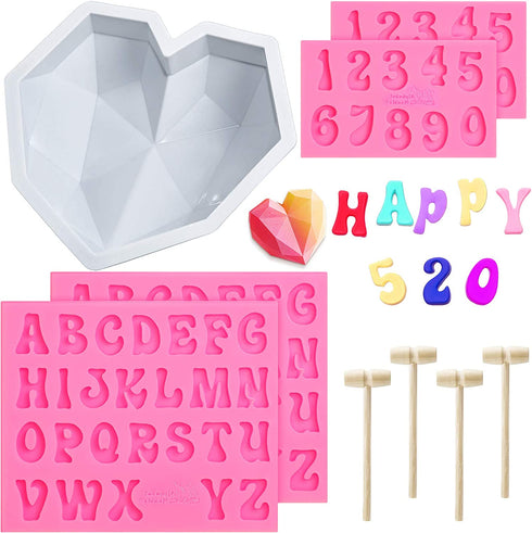 4 Pieces Valentine's Day Diamond Heart Mold Silicone Letter Alphabet Fondant Chocolates Molds, 8.7 Inch Silicone Breakable Heart Mold and 4 Pieces Wooden Hammers for Baking Chocolate