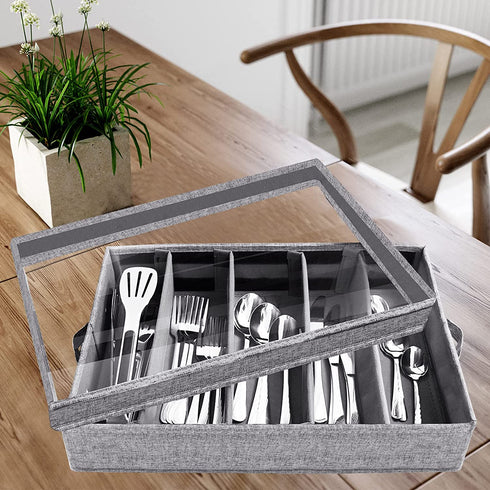 Flatware Storage Case - 5 Compartment Tableware Cutlery Container Chest with Removable PVC Lid and Easy to Carry Handles,Large Capacity Utensils,Silverware,Flatware Box(Light Grey)