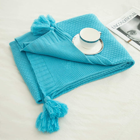 Sylanfia Blue Throw Blanket for Couch, Thin Woven Bed Throw with Pompom for Sofa, Knitted Throw Blanket for Home Decor, Suitable for All Season Rustic Blanket 50"x 60"