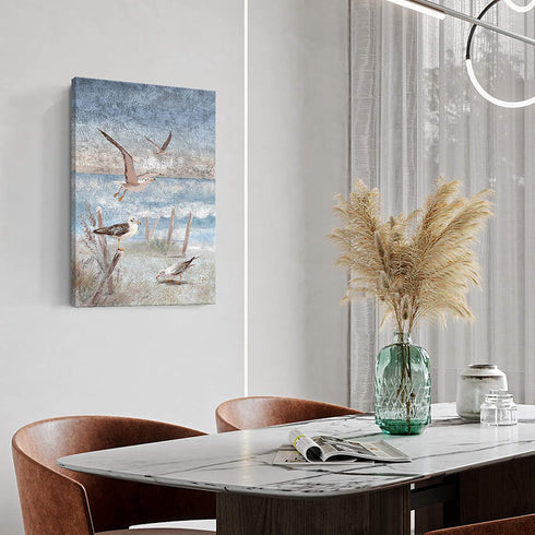 Ocean Beach Canvas Wall Art for Bedroom Abstract Seaside Seagull Seascape Painting Coastal Picture Perching Bird by The Sea Shore Framed Artwork for Bathroom Living Room Office Decor 16x24inch