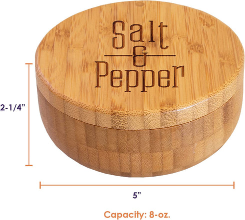 Totally Bamboo Salt Keeper Duet Salt and Pepper Bowl, Salt Cellar and Storage Box with Two Compartments, Magnetic Swivel Lid, Salt and Pepper Engraved Artwork on Lid