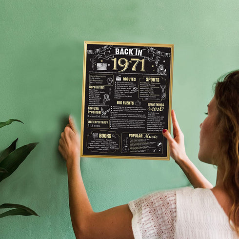 Back in 1971 Poster with Frame 51th Birthday Decoration for Men and Women 51 Years Party Supplies Home Decor for Him or Her (Back in 1971-Gold Frame)