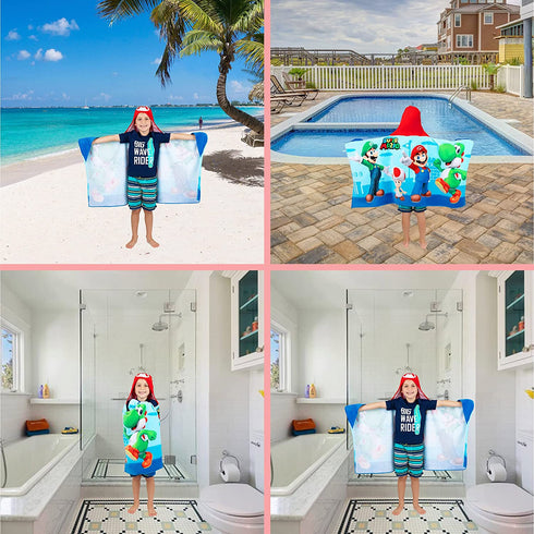 Franco Kids Bath and Beach Soft Cotton Terry Hooded Towel Wrap, 24 in x 50 in, Super Mario