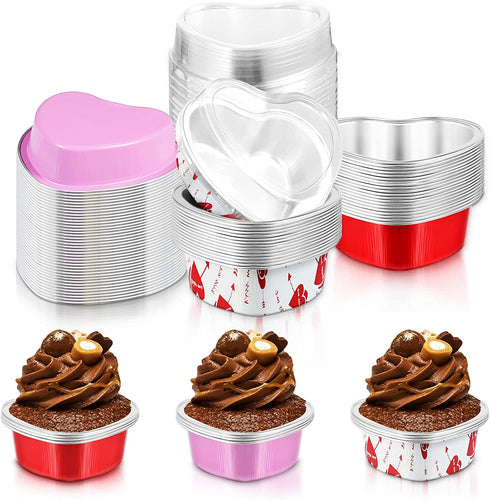 Heart Shaped Cake Pans with Lids, 3.4 Ounces/ 100 ml, Aluminum Foil Mini Disposable Heart Cupcake Pans for Valentine's Day Wedding Parties (Red, Pink, Purple,30 Sets)