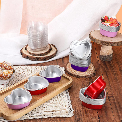 Heart Shaped Cake Pans with Lids, 3.4 Ounces/ 100 ml, Aluminum Foil Mini Disposable Heart Cupcake Pans for Valentine's Day Wedding Parties (Red, Pink, Purple,30 Sets)