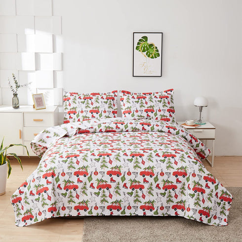 Kids Quilts Set King Size, Boy Tree Bedding Lightweight Reversible Red Bus Cartoon Bedspread Coverlet Gift Teens Child Holiday Decor (Red White, King)