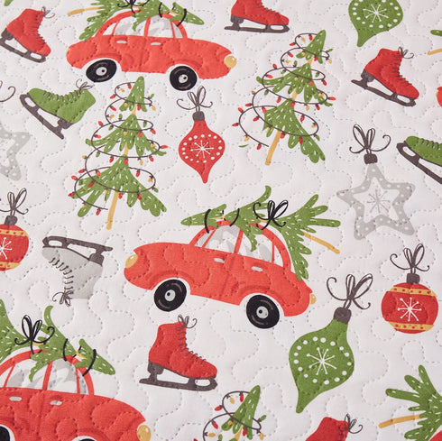 Kids Quilts Set King Size, Boy Tree Bedding Lightweight Reversible Red Bus Cartoon Bedspread Coverlet Gift Teens Child Holiday Decor (Red White, King)