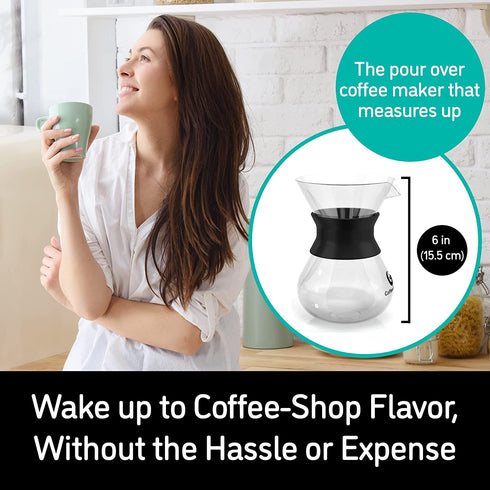 Coffee Gator Pour Over Coffee Maker - 10.5 oz Paperless, Portable, Drip Coffee Brewer Pour Over Set w/ Glass Carafe & Stainless-Steel Mesh Filter, Black