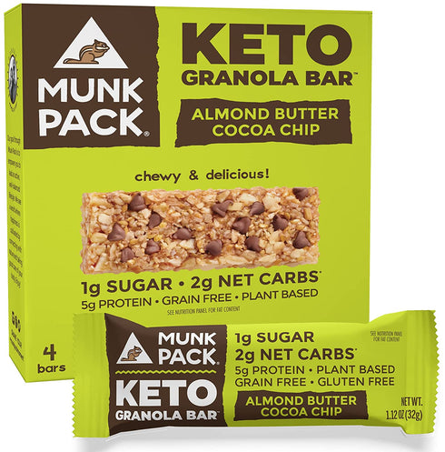 Munk Pack Keto Granola Bar | Almond Butter Cocoa Chip | 4 Bars | Low Carb Keto Snack for Kids & Adults | Chewy Bar, No Added Sugar Treat | Keto Breakfast Food | Low Sugar, Low Carb, Plant Based