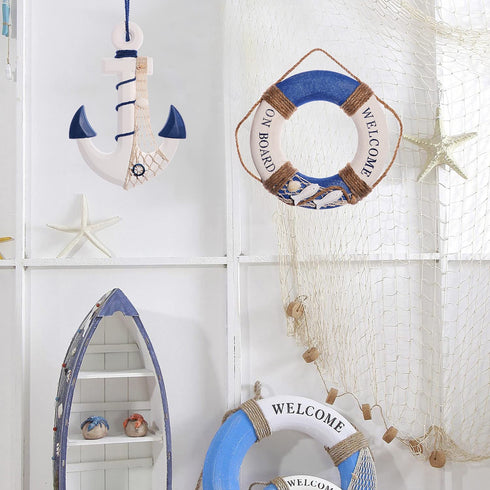 2 Pack 13" Nautical Beach Wooden Ship Anchor and 10 " Nautical Life Ring Wall Beach Decor , Nautical Theme Home Decoration (Dark Blue)