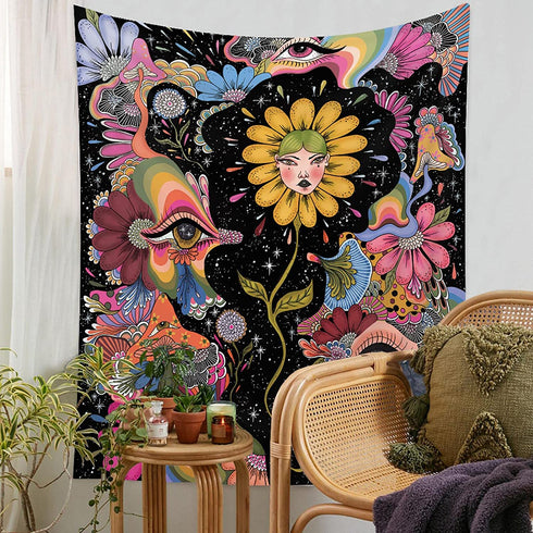 Large Mushroom Hippie Tapestry For Teen Bedroom Wall Hanging Aesthetic Tapestry Star Sparkler Room Décor (50''* 60''(130*150cm), Sunflower Girl)