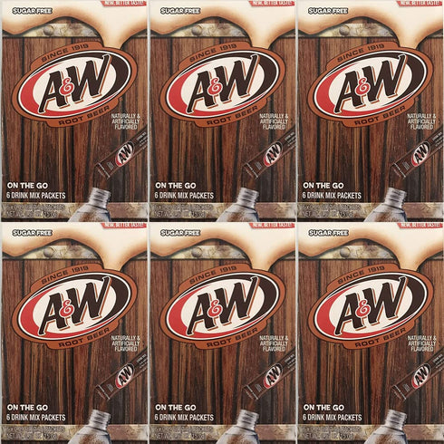 A&W Singles To Go Powder Packets - Sugar Free, Non-Carbonated Root Beer Water Drink Mix (6 Boxes with 6 Packets Each - 36 Total Servings)