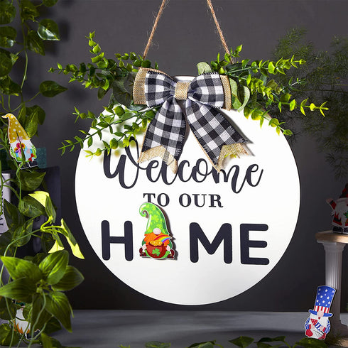 Gnome Wooden Seasonal Welcome Door Sign Interchangeable Welcome to Our Home Round Wood Hanging Front Door Sign with Burlap Bow with 12 Seasonal Ornament for Independence Day Holiday Porch (White)