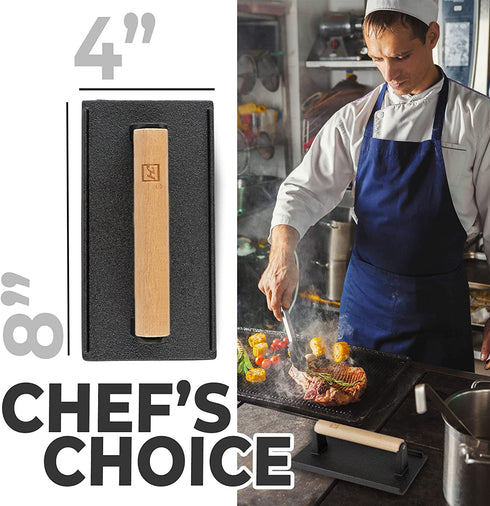 Shop Square 8 Cast Iron Grill Press, Pre-Seasoned Burger Press and Steak Weight with Cool-Touch Comfort-Grip Wood Handle - BBQ Accessories for Griddle, Outdoor Grill, Panini, Tortilla