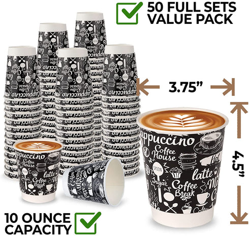 10 Oz. Double Wall Insulating Coffee Cup - 50 Pack, Disposable Paper Cups with No Sleeves Needed, Graphic Grab 'n Go Cup - Home, Office, Cafe (50 Cups ONLY)