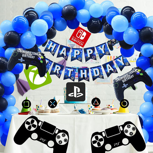 Video Game Party Supplies Birthday Decorations for Boys - 98 Pack Blue Black Balloons Garland with Gamer Birthday Banner Game Controller Balloons for Boy Level Up Birthday Party Decorations