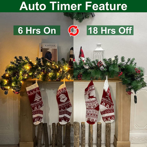TURNMEON 6 Ft by 10 Inch 50 LED Prelit Christmas Garland Decoration Lights Timer 8 Modes 12 Pinecones 132 Red Berries 20 Pine Needles Battery Operated Christmas Decoration Home Indoor Mantle Fireplace
