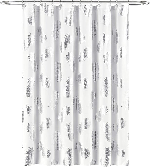 Lush Decor Pineapple Toss Shower Curtain - Fabric Metallic Print Design, 72? x 72?, Silver and White (16T004356)