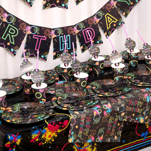 Glow Party Supplies-Complete Pack Glow Party Tableware Including Plates, Cups, Napkins for Glow Birthday, Roller Skating, Ice Skating,Dance Party Serves 16
