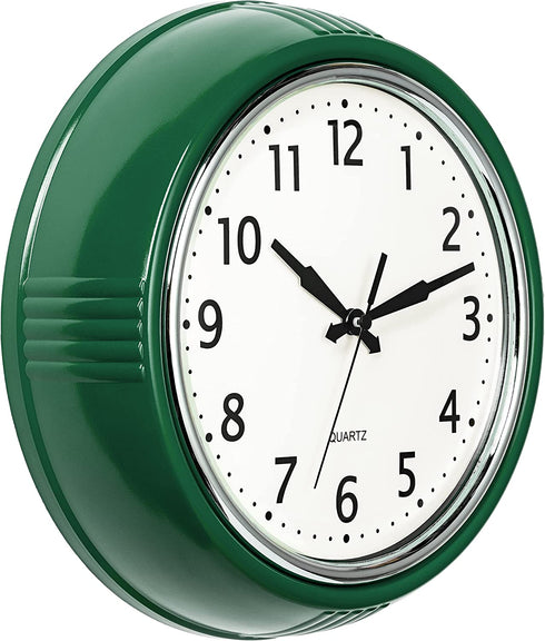 Bernhard Products Retro Wall Clock 9.5 Inch Hunter Green Kitchen 50's Vintage Design Round Silent Non-Ticking Quartz Battery Operated Clocks for Home Office School Classroom Kids Bedroom Living Room