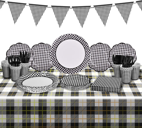 Gatherfun Gingham Black and White Party Supplies Disposable Paper Plates Napkins Cups Knives Spoons Forks Tablecloth Banner for Birthday Party Family Dinner Picnic Graduation Party, Serve 25