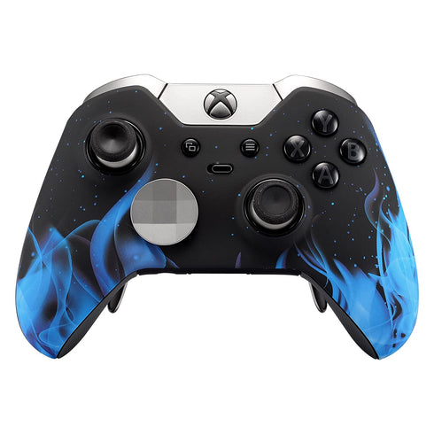 eXtremeRate Blue Flame Fire Faceplate Cover, Soft Touch Front Housing Shell Case for Xbox One Elite Controller Model 1698 with Thumbstick Accent Rings - Controller NOT Included