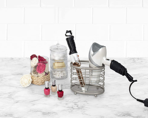Spectrum Diversified Ashley Countertop Hair Dryer & Accessory Organizer Station Styling Tool Caddy for Brushes, Flat Irons, Curling Wands & Makeup Applicators, Satin Nickel