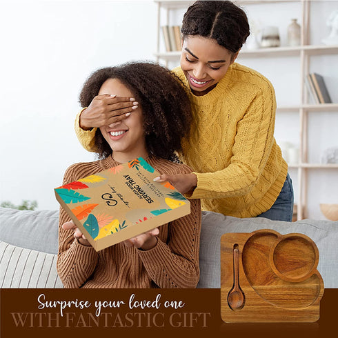 Small Wood Tray for Eating - Individual Acacia Wood Serving Tray - Natural Wooden Plate for Food & Drinks - Small Wooden Tray for Breakfast - Tea Coffee and Snacks - with Acacia Spoon