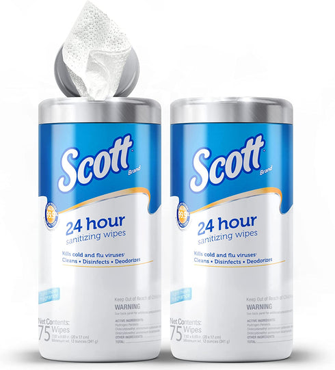 Scott 24 Hour Sanitizing Wipes Multi-Surface Cleaning & Disinfecting, Continuous Sanitization for 24 Hours (54478), 2 Canisters x 75 Count, 150 Wipes