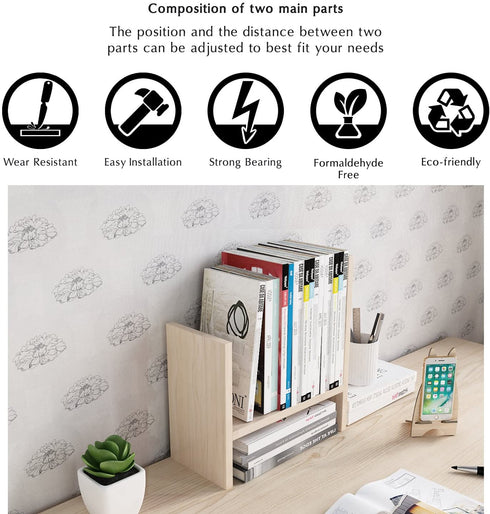 Jerry & Maggie - Desktop Organizer Office Storage Rack Adjustable Wood Display Shelf - Free Style Double H Display - True Natural Stand Shelf - White Wood Tone