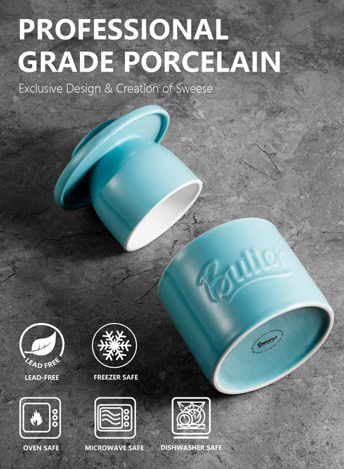 Sweese 322.102 Porcelain Butter Crock Keeper - French Butter Dish with Lid - Butter Relief, Turquoise