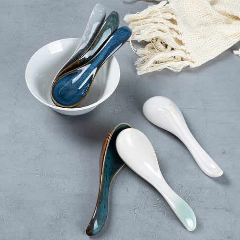 HOKELER Ceramic Asian Soup Spoons 5.6 inch Chinese Japanese Soup Spoon for Ramen Pho Miso Wonton, Set of 6 (6 Colors)